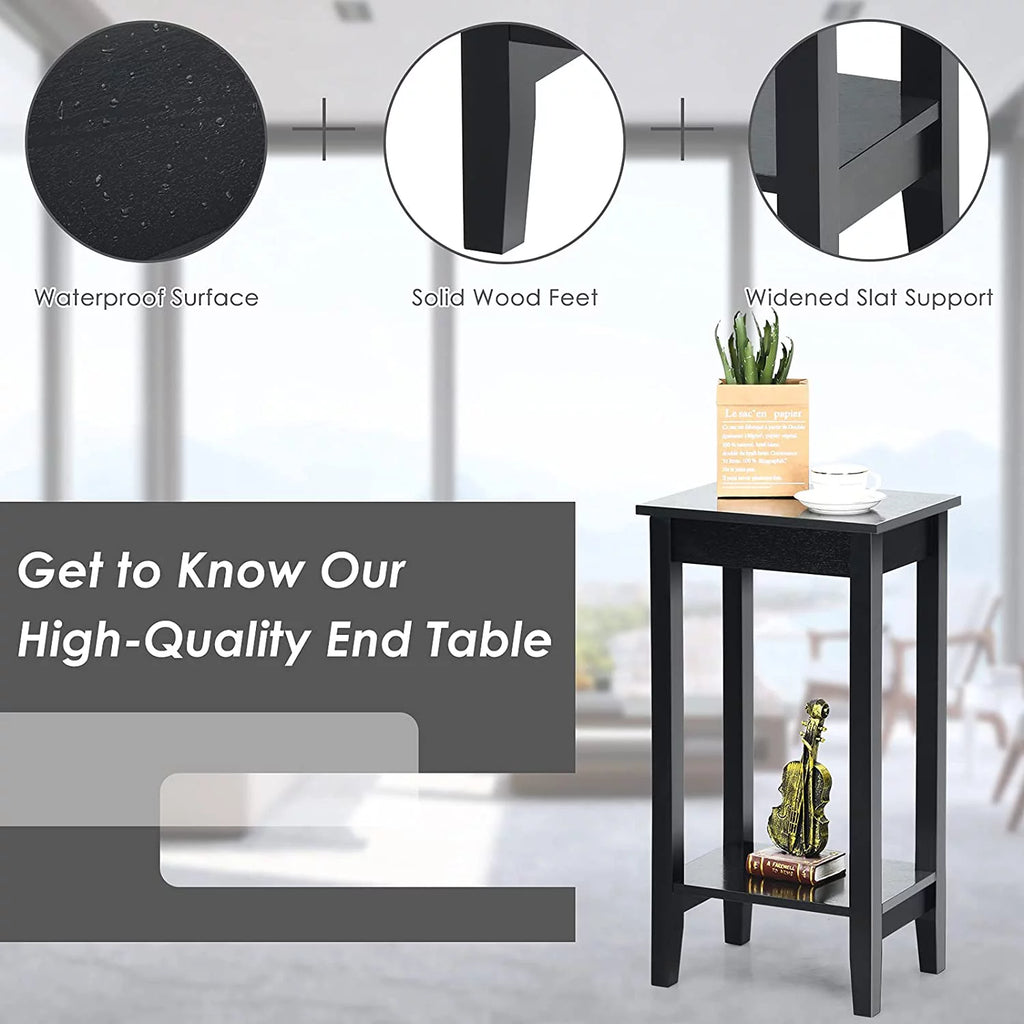 Black 2-Tier End Table Set of 2 with Wooden Legs U884
