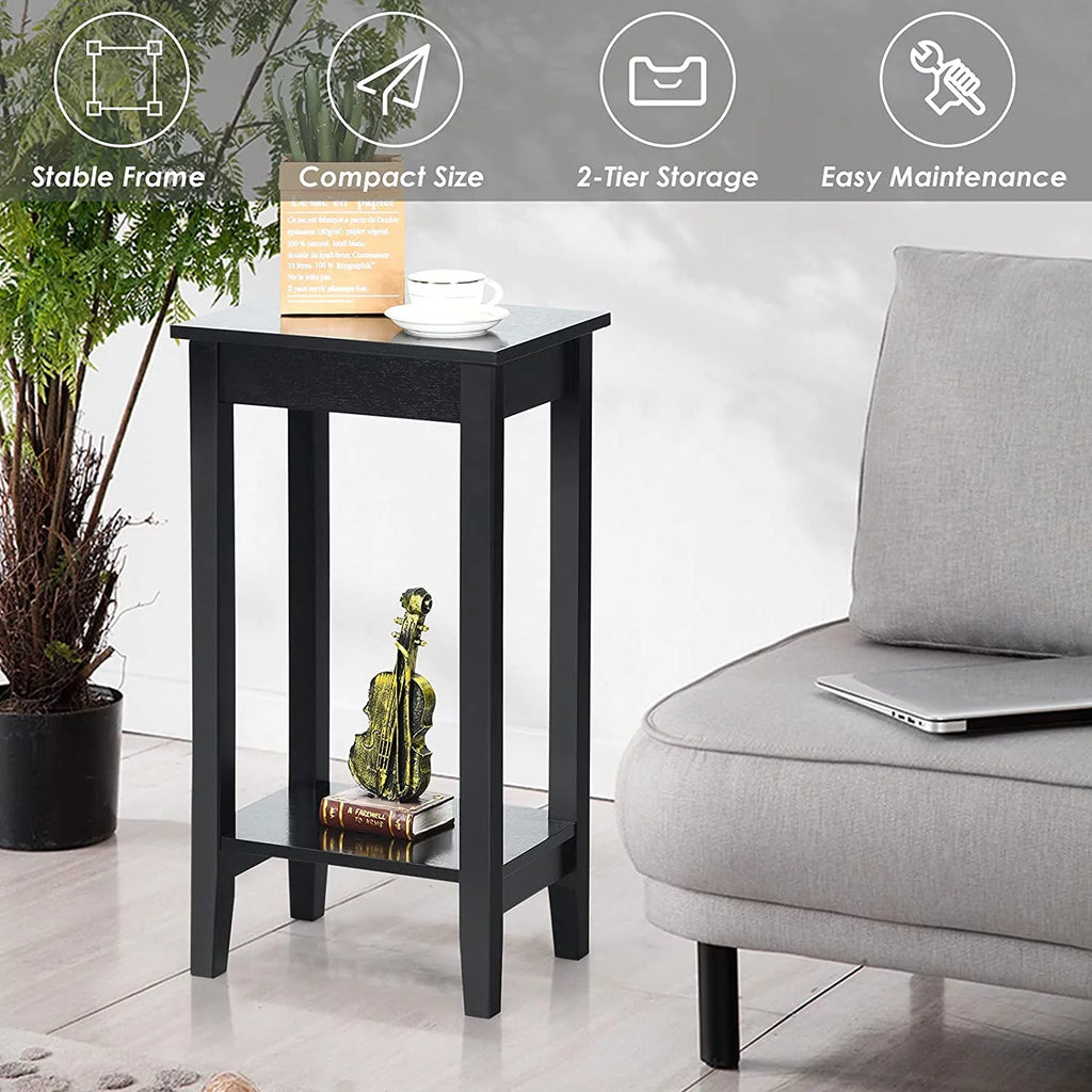 Black 2-Tier End Table Set of 2 with Wooden Legs U884