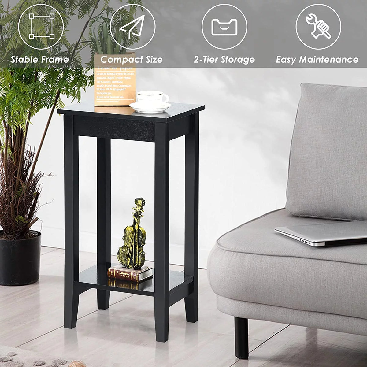 Black 2-Tier End Table Set of 2 with Wooden Legs U884