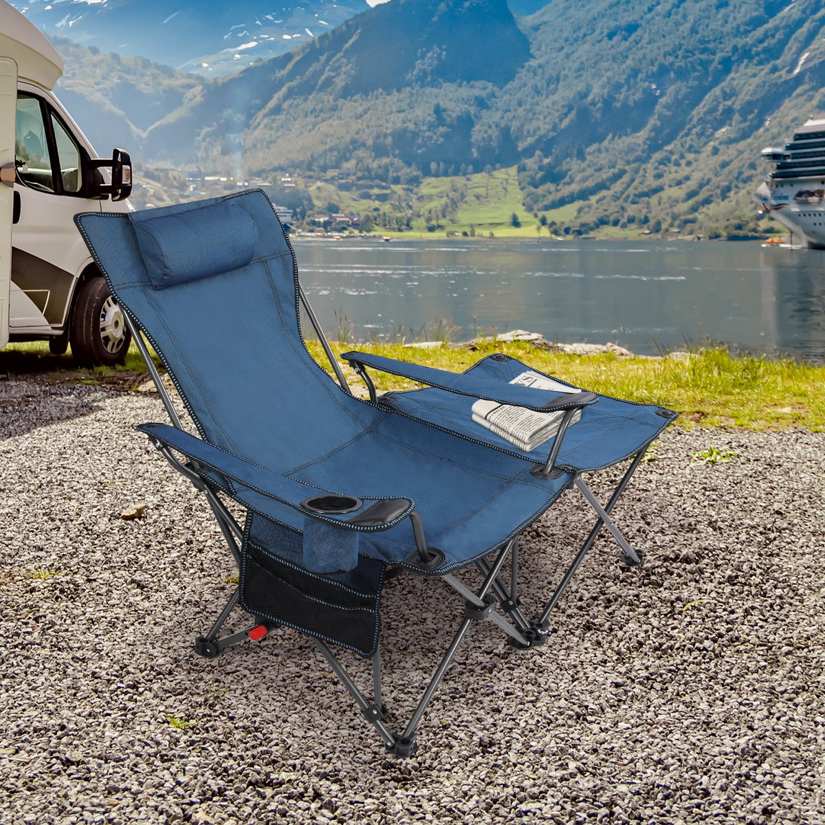 Blue 2 in 1 Folding Camping Chair with Removable Footrest W40268