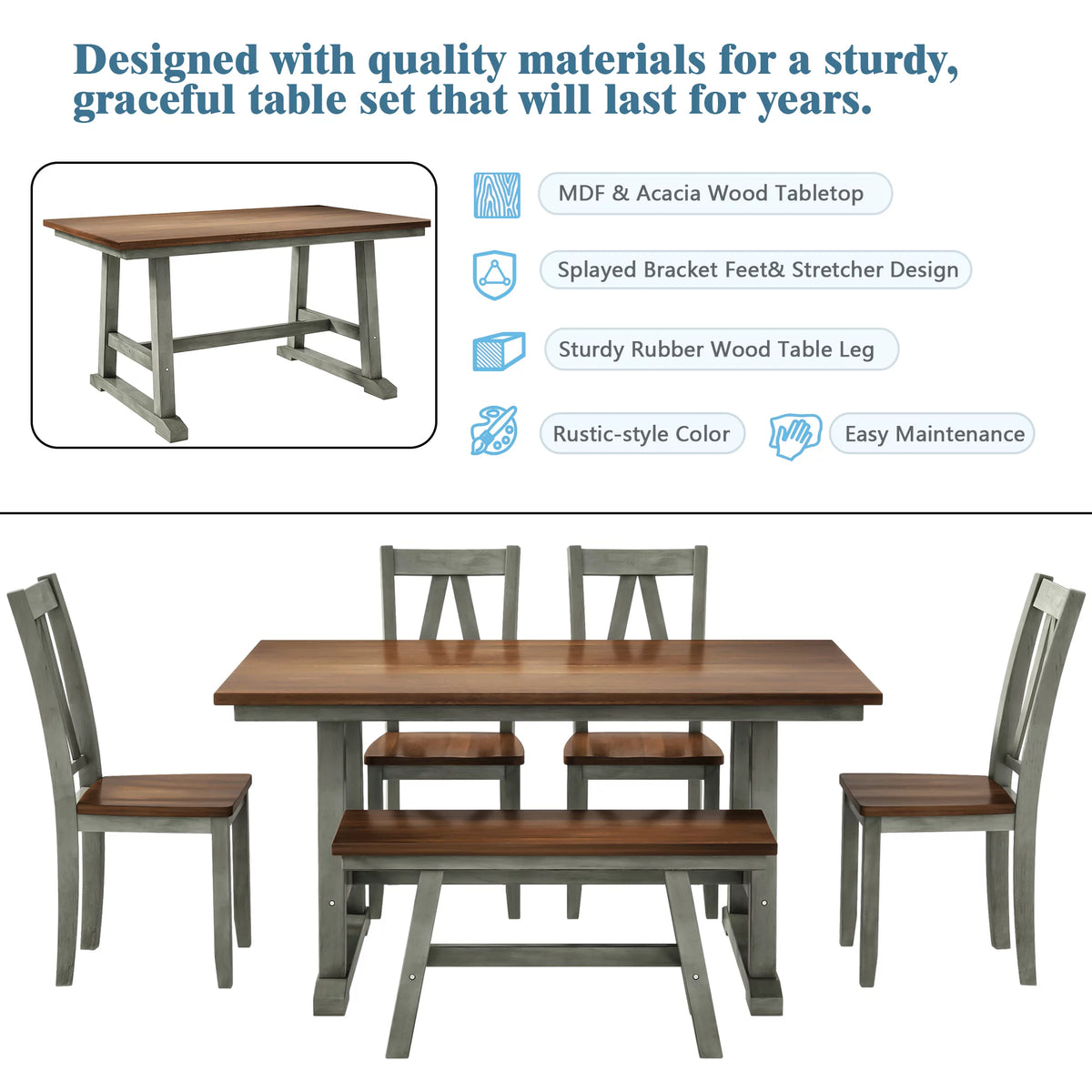 6-Piece Wood Dining Table Set with Bench and 4 Chairs B27829