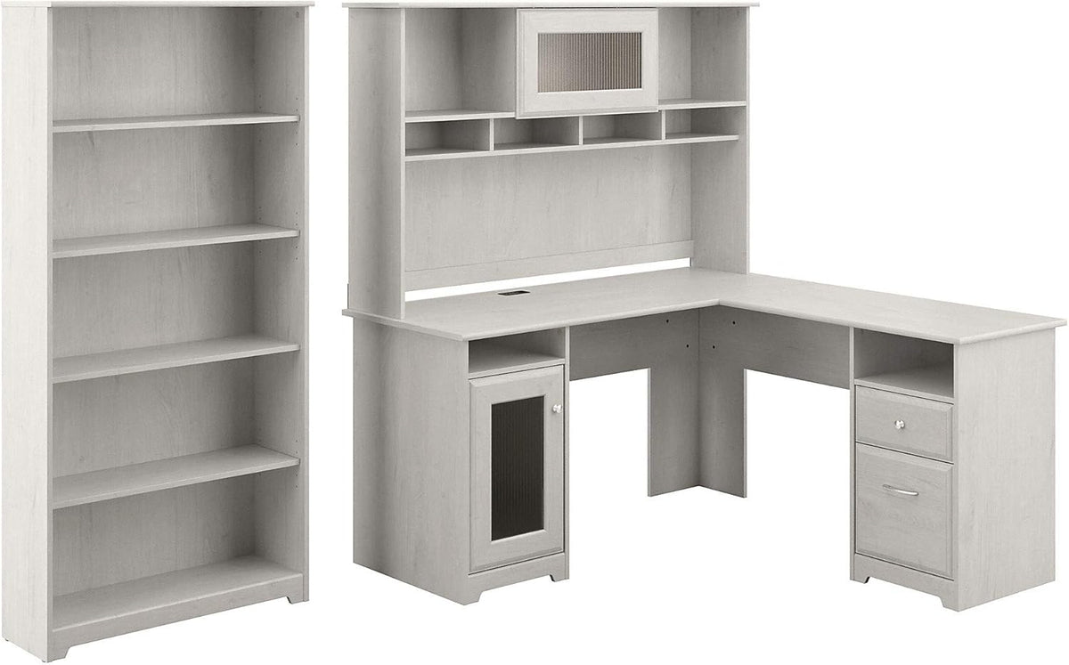 Espresso Oak L Shaped Desk with Hutch and 5 Shelf Bookcase U837