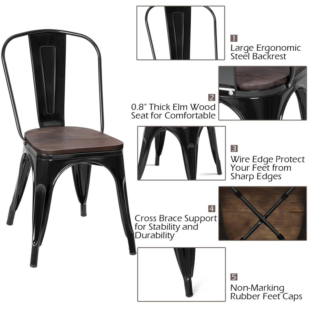 Set of 4 Stackable Bistro Dining Chair Metal Frame Wood Seat Gun L956
