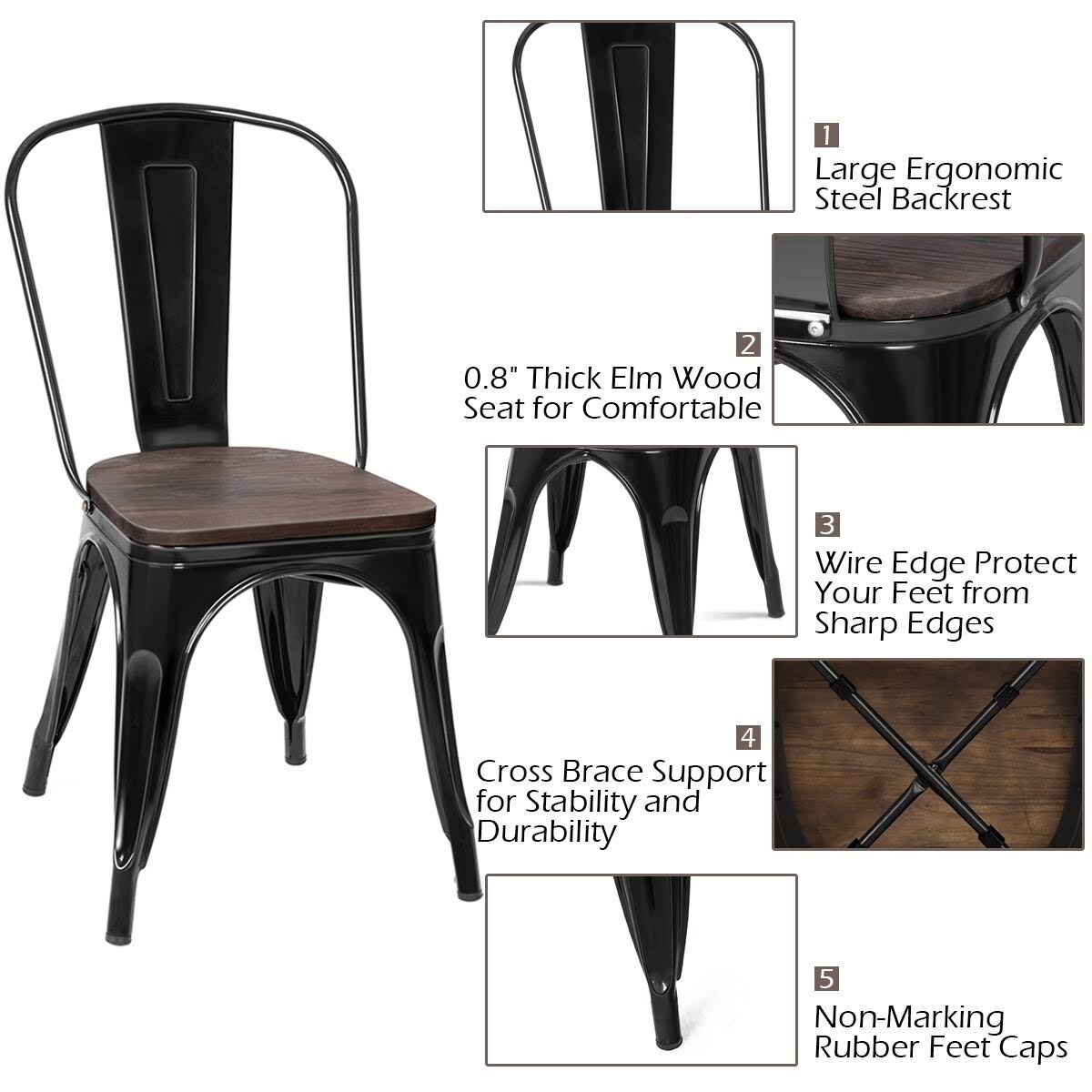 Set of 4 Stackable Bistro Dining Chair Metal Frame Wood Seat Gun L956
