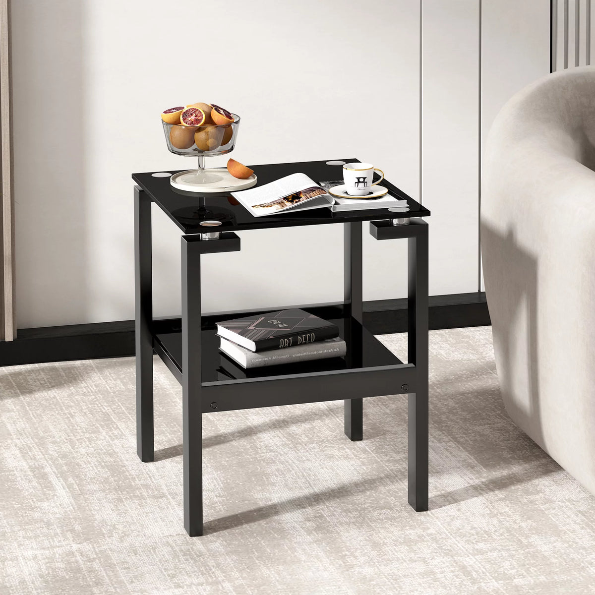 Black Tempered Glass 2 Layer End Table G250