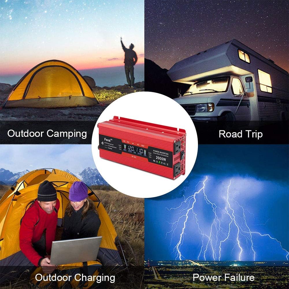 Power Inverter 1000W/2000W Dual AC Outlets Dual USB Charging Ports DC 12V to 110V AC Car Converter with Digital Display Pack of 2 W64340