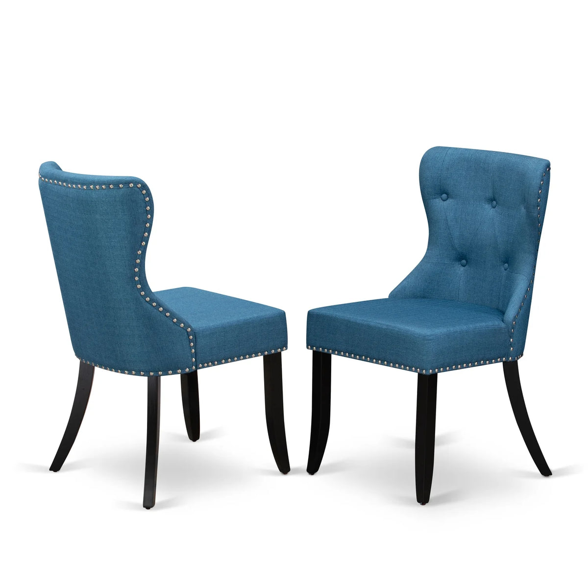 Mid Century Dining Chairs with Blue Linen Fabric Seat A972