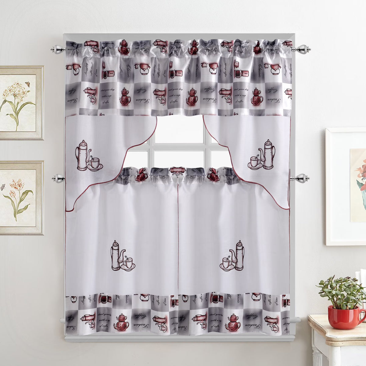 Coffee Embroidered 3-Piece Kitchen Curtain Tiers & Swag Set, 58x36 & 28x36 inches A786