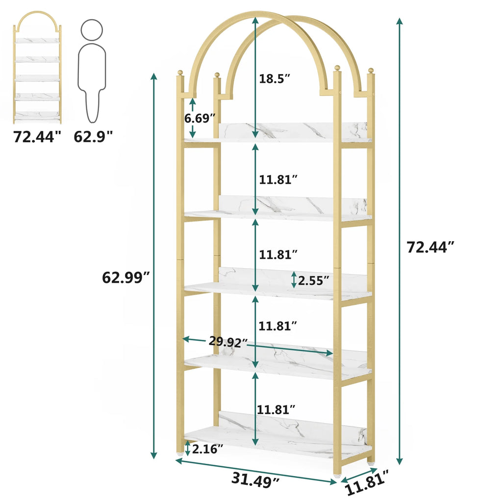72.4 inch Tall Gold Metal 5 Shelf Arched Bookcase H5385