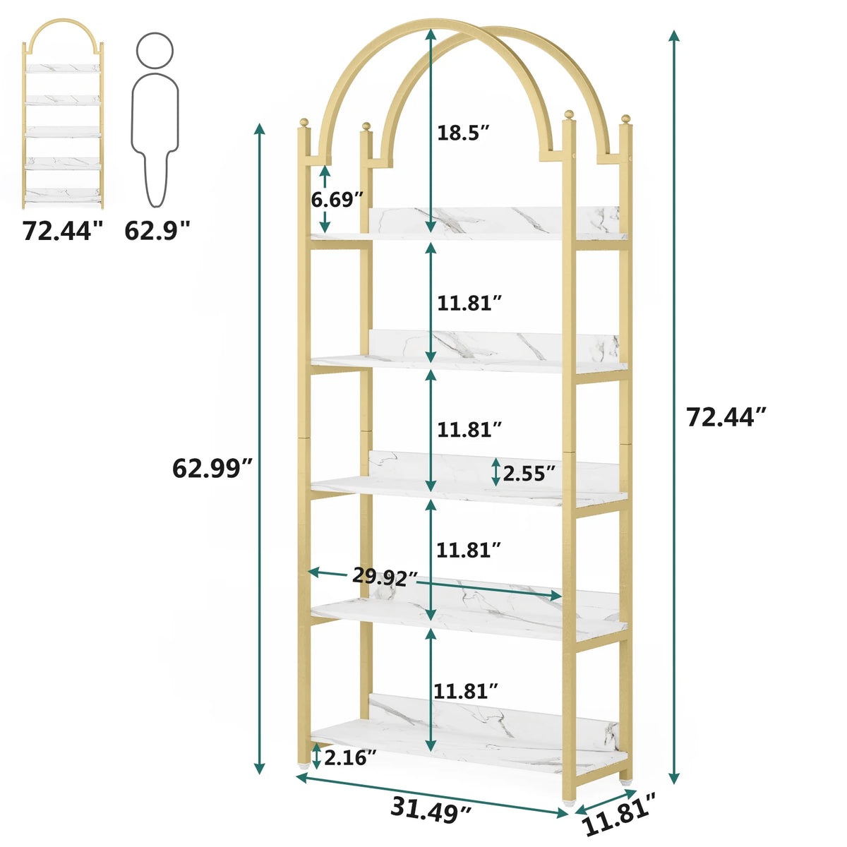 72.4 inch Tall Gold Metal 5 Shelf Arched Bookcase H5385