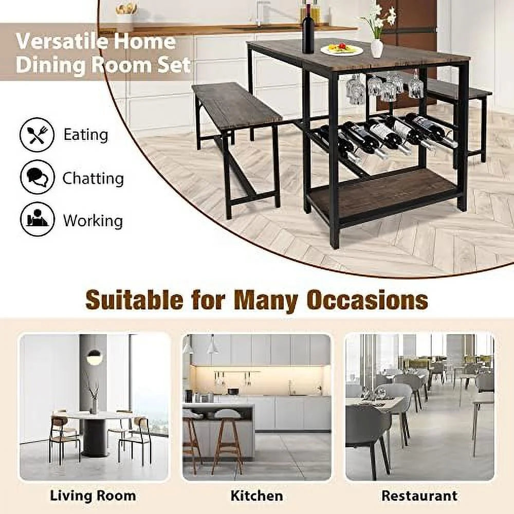 Dining Table Set 4 with 2 Benches 3-Piece Wood Rustic Brown & Black S57512