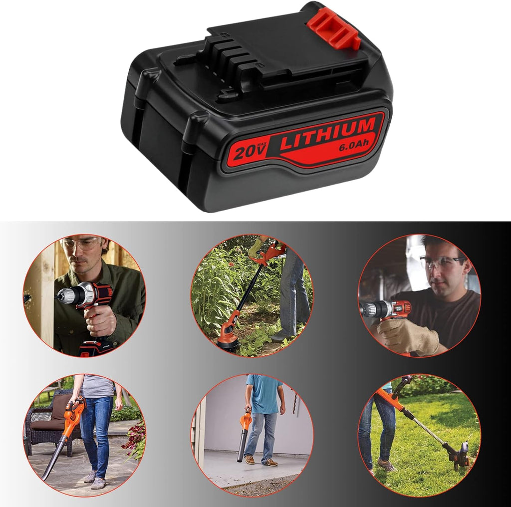 2 Pack 6.0Ah LBXR20 Battery Replacement for Black and Decker 20V Max Lithium Ion Cordless Tool Battery W6876